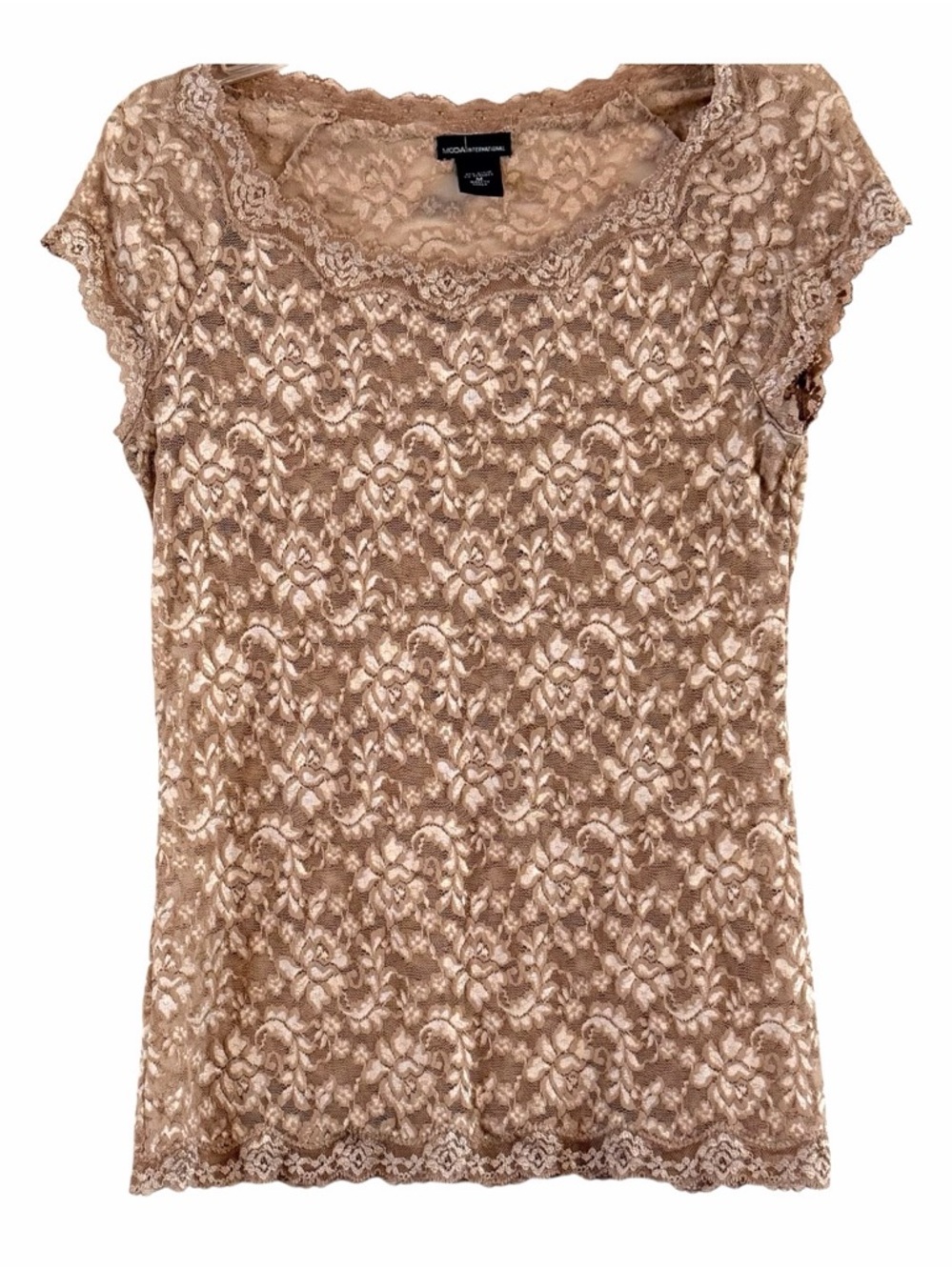 Moda International Lace Short Sleeve Tan Champagne Sheer Floral Top M